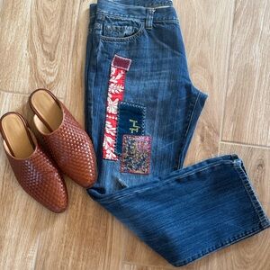 CAbi Patchwork Mid Rise, Cropped  Boyfriend Jeans Size 6 Denim Embroidered